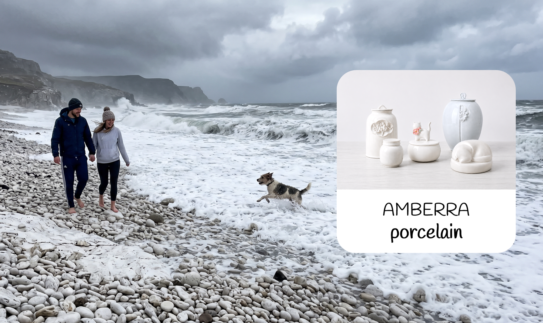 A lifestyle scene on a white large pebble beach under a cloudy sky, with two people walking and a dog running near the waves. On the right, an insert card shows white and light ceramic vases and containers labeled 'AMBERRA porcelain', indicating the product brand, material and color.