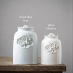 Elegant white cloud blue ceramic porcelain medium to large dog, cat and other animal pet urn with floral design