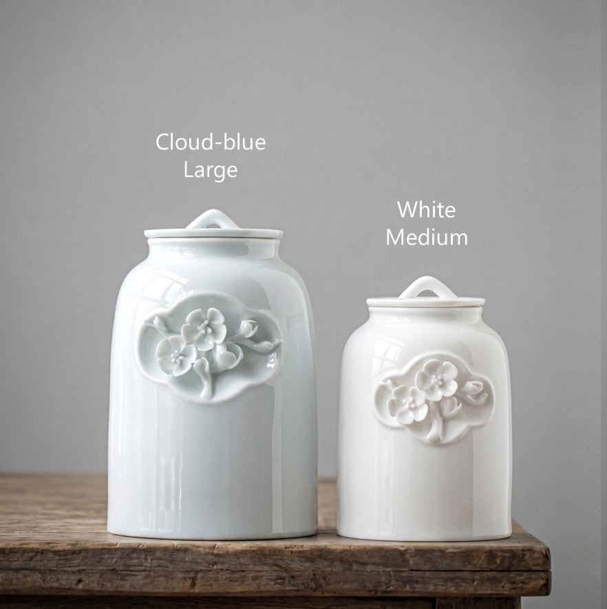 Elegant white cloud blue ceramic porcelain medium to large dog, cat and other animal pet urn with floral design