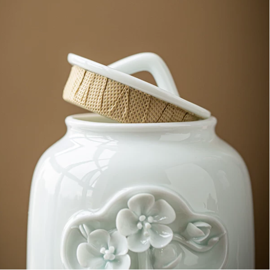 Elegant white cloud blue ceramic porcelain medium to large 0.7 to 1.3 liter dog, cat, and other animal pet urn with floral design