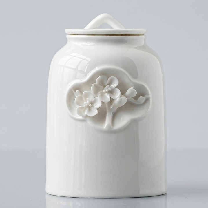 Elegant white ceramic porcelain large 1.3 liter animal pet urn with floral design