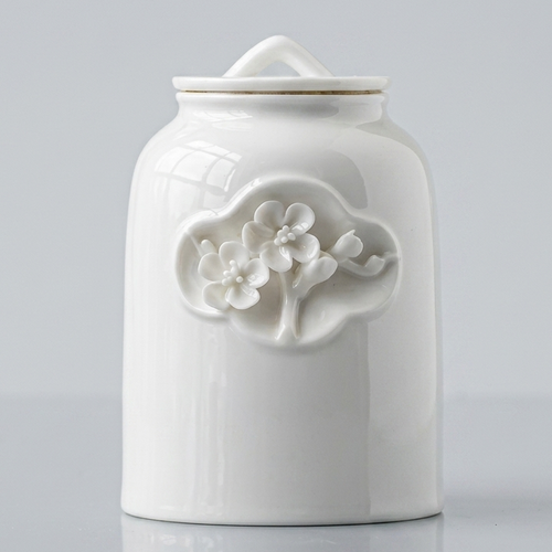 Elegant white ceramic porcelain large 1.3 liter animal pet urn with floral design