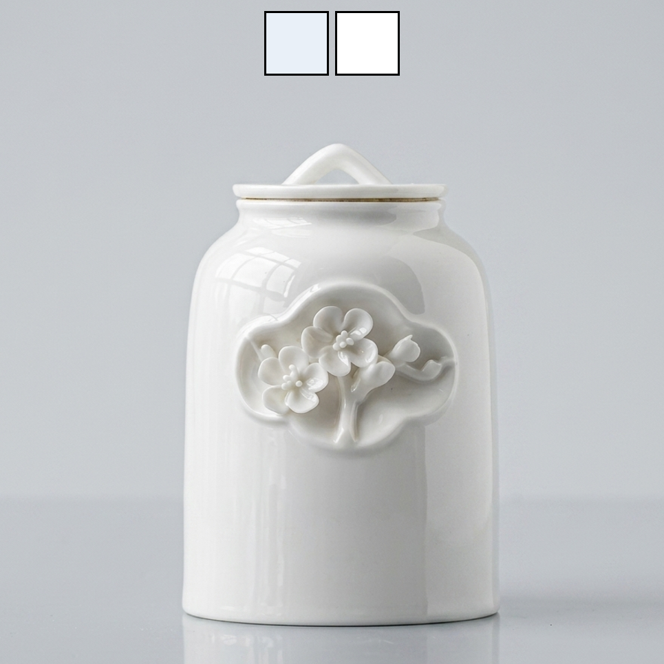 Elegant white cloud blue ceramic porcelain medium 0.7 liter dog, cat and other animal pet urn with floral design