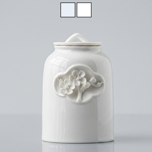 Elegant white cloud blue ceramic porcelain medium 0.7 liter dog, cat and other animal pet urn with floral design