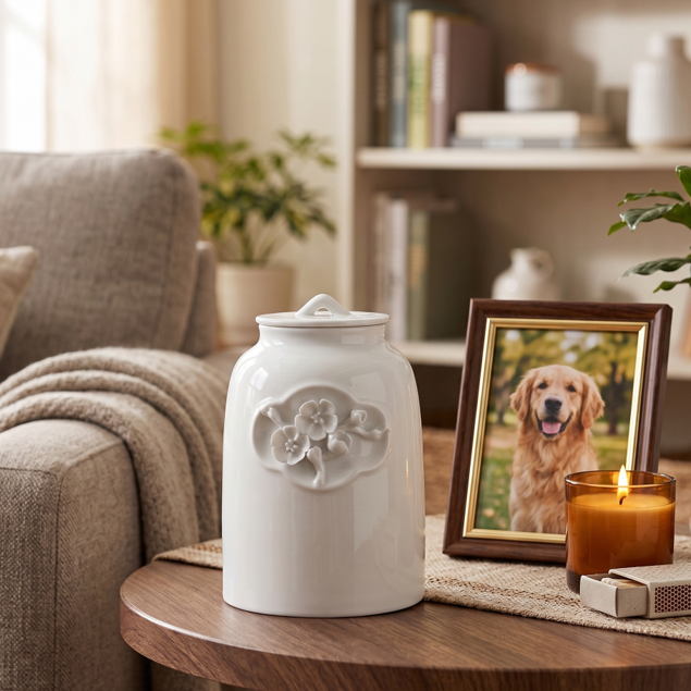 Beautiful medium white ceramic porcelain 1-1.5 animal pet urn with floral design