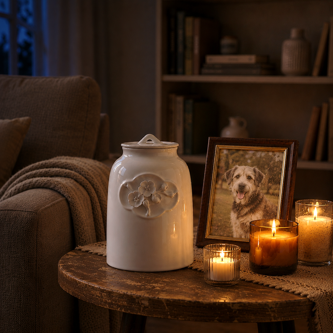 White floral porcelain pet urn at home in Utrecht