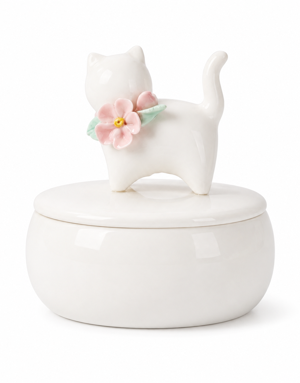 Beautiful Ceramic Porcelain Cat urn with floral motive against a white background