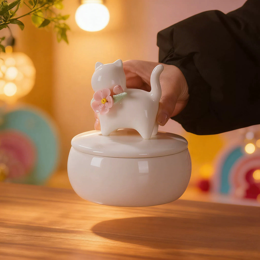 Beautiful small Amberra ceramic porcelain white urn to store the ashes of cat and keep the memory alive