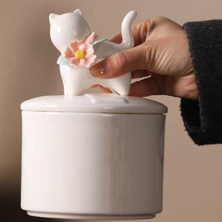 Beautiful small medium Amberra ceramic porcelain white urn to store the ashes of cat and keep the memory alive