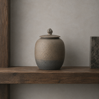 Large rustic gold earth colored stoneware pet urn on shelve
