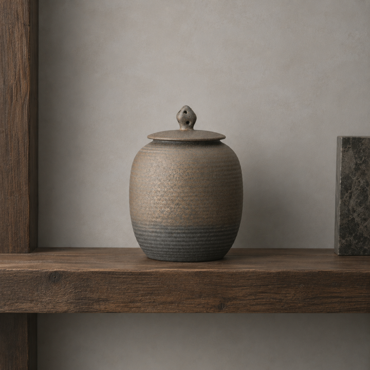 Large rustic gold earth colored stoneware pet urn on shelve