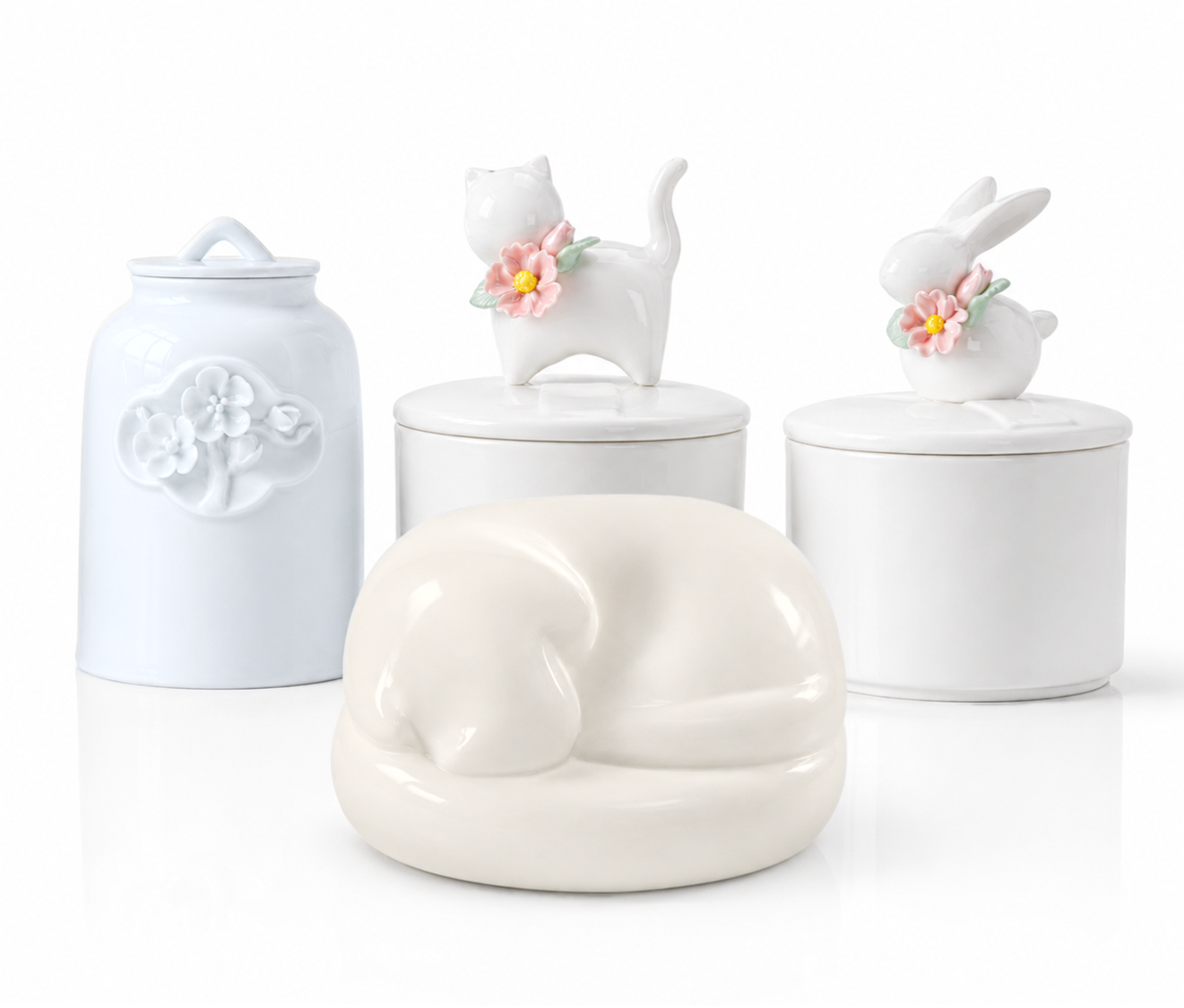 Amberra example selection white porcelain pet urns with sculptures of small pets
