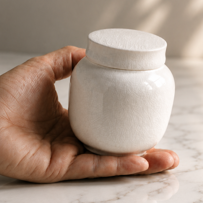 A small round white ceramic urn with a matching lid, held in a person's hand on a light marble surface.