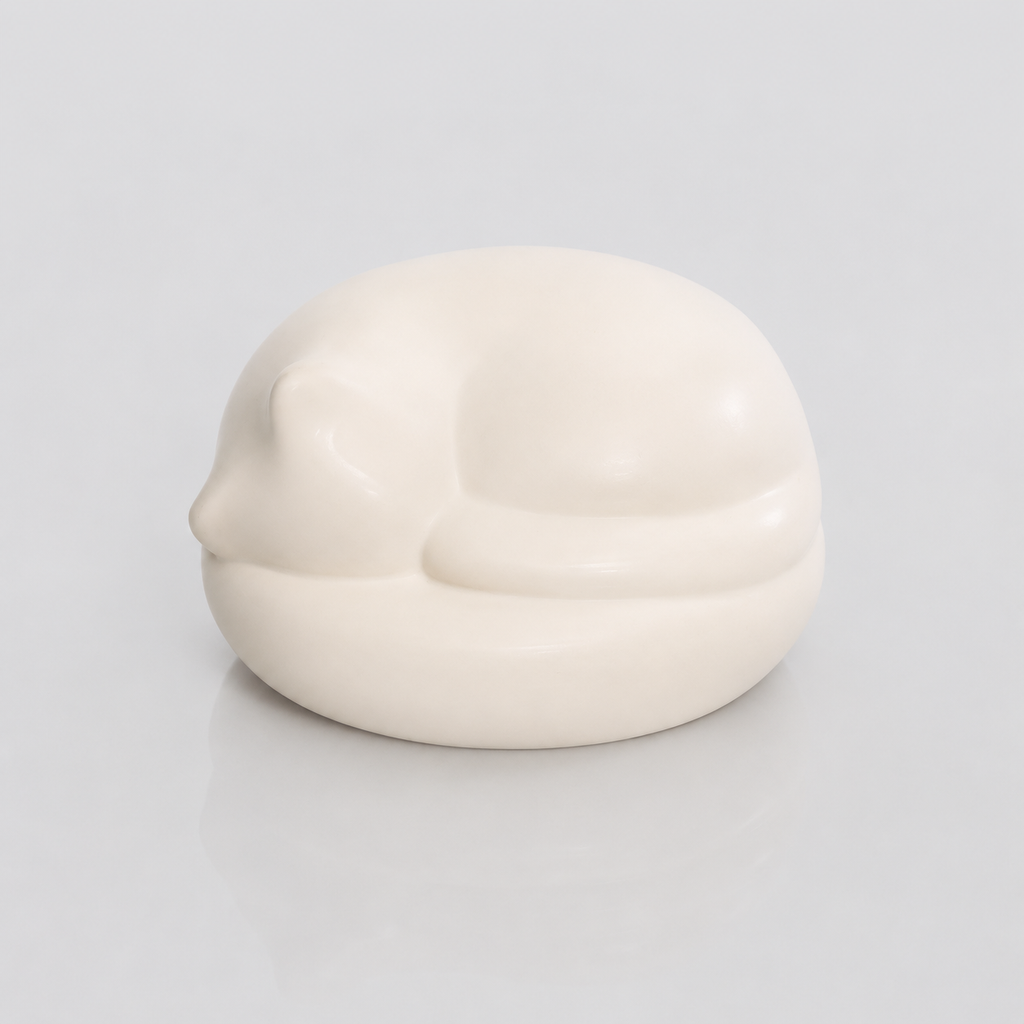Satin white porcelain ceramic urn sculpture of a sleeping cat 