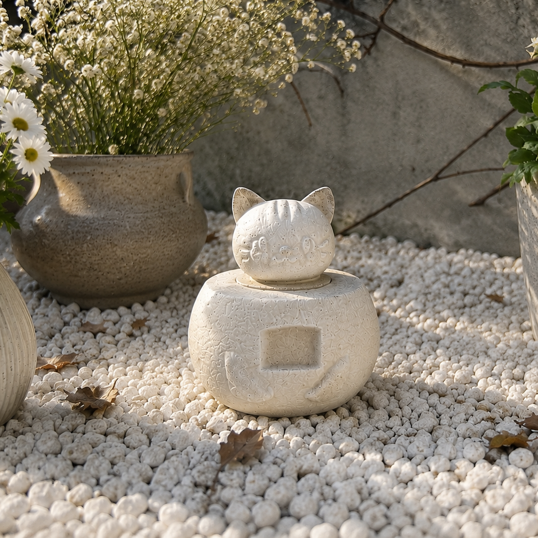 Mycelium mushroom textured cat shaped-urn outside on pebbles among flowers