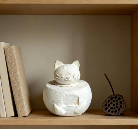 White-grey mycelium mushroom textured 100% biodegradable pet ash urn for your cat