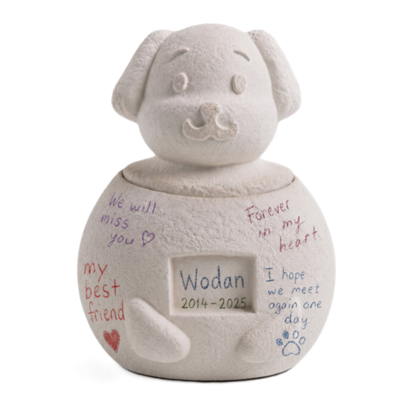 A white mycelium mushroom textured pet ash urn for your dog with messages written on it