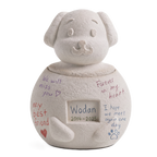 A white mycelium mushroom textured pet ash urn for your dog with messages written on it