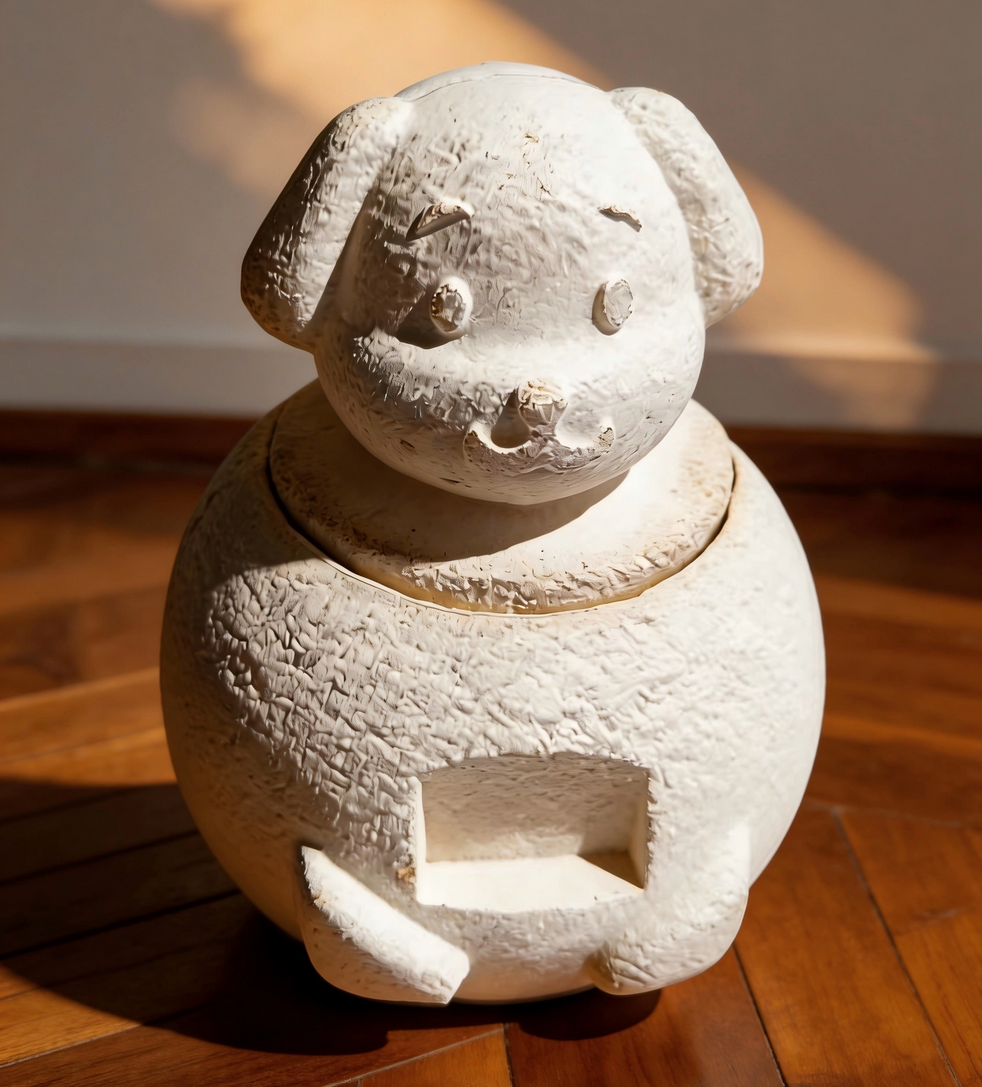 Cute white-grey mycelium mushroom textured 100% biodegradable pet ash urn for your dog