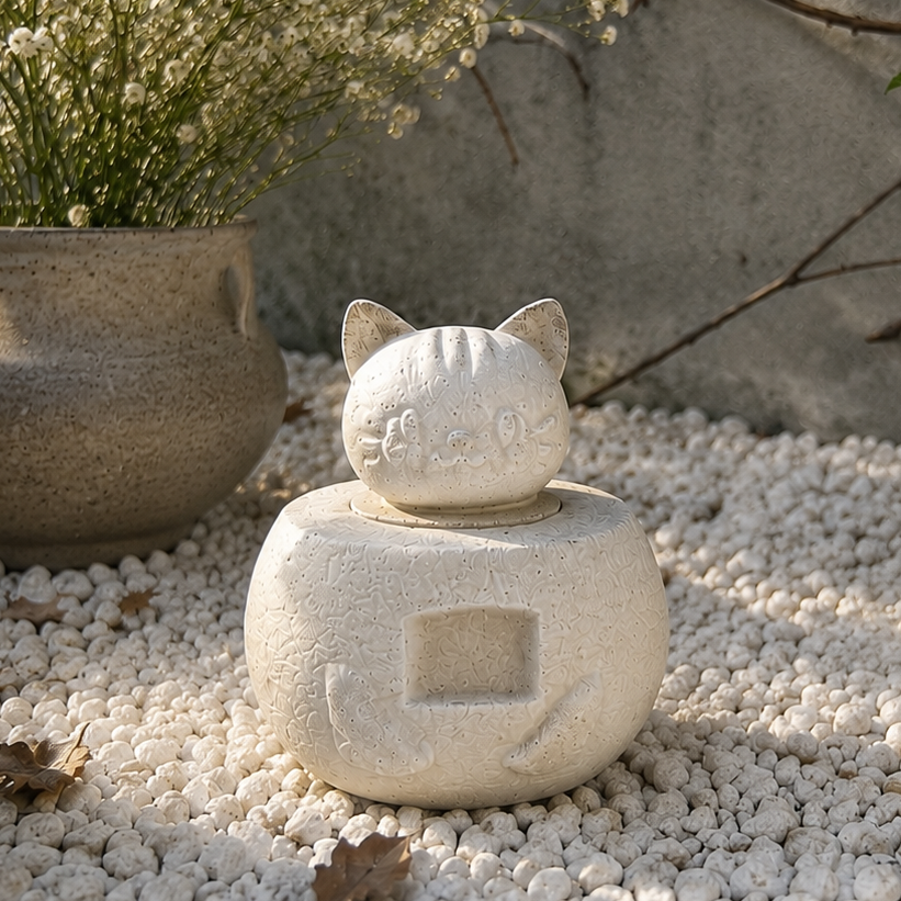 Mycelium material based cat-shaped pet urn on white pebbles 
