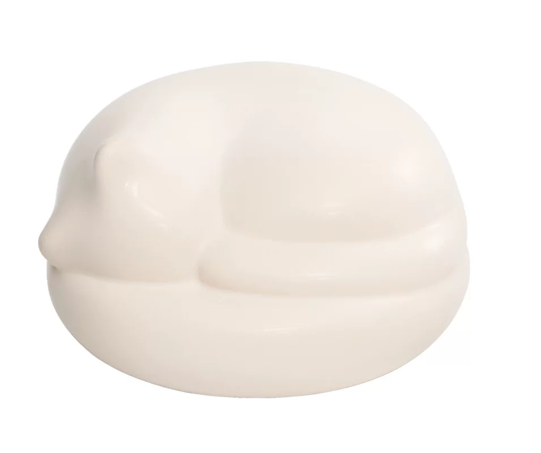 Artistic White-beige Ceramic Porcelain Cat urn on a white background