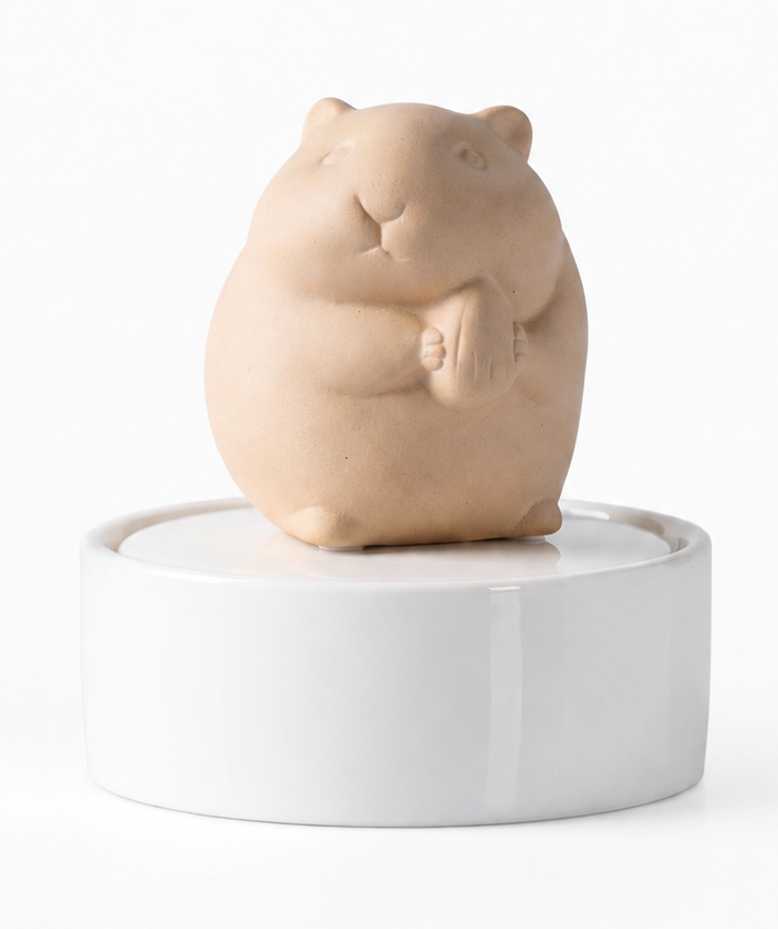Beige ceramic hamster figurine on a white base against a white background