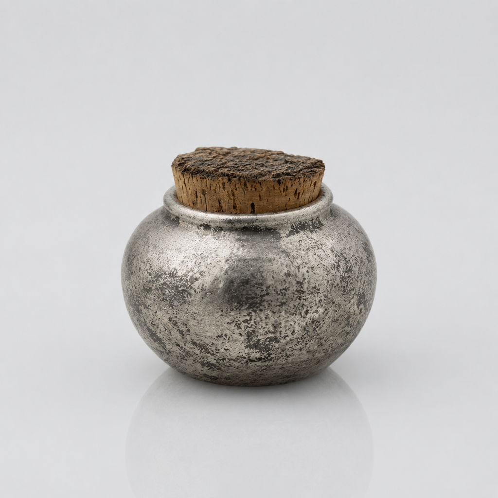 Small ceramic silver metallic pet urn with cork lid on a wooden surface combining unique craftmanship with modern design