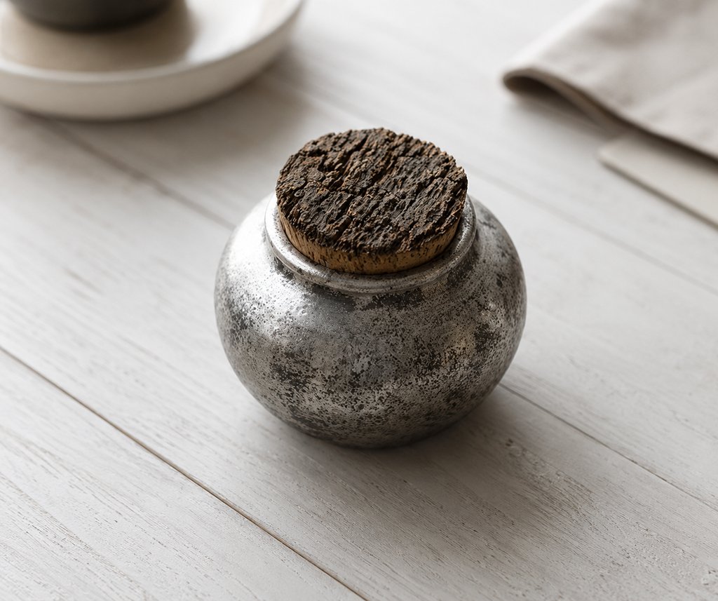 Small ceramic silver metallic pet urn with cork lid on a wooden surface combining unique craftmanship with modern design