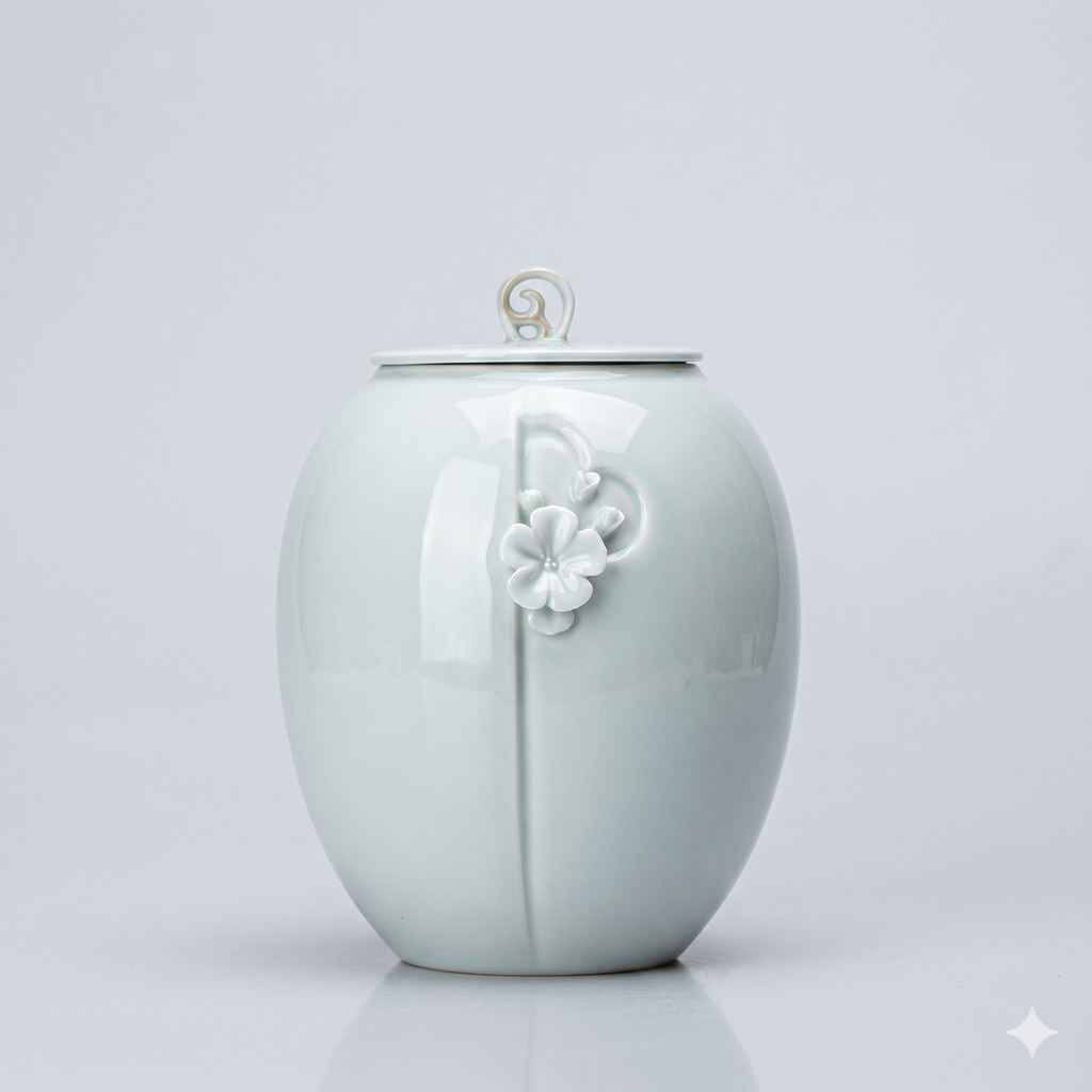Beautiful large cloud-blue ceramic porcelain 2 liter ceramic animal pet urn with floral design