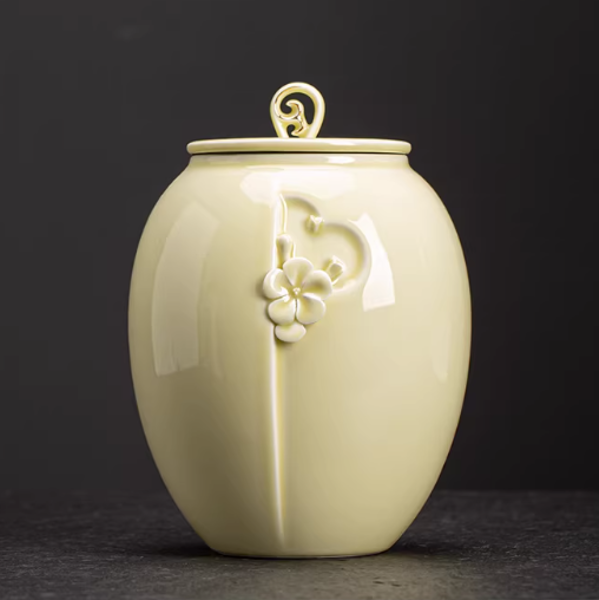 Beautiful large beige ceramic porcelain 2 liter ceramic animal pet urn with floral design
