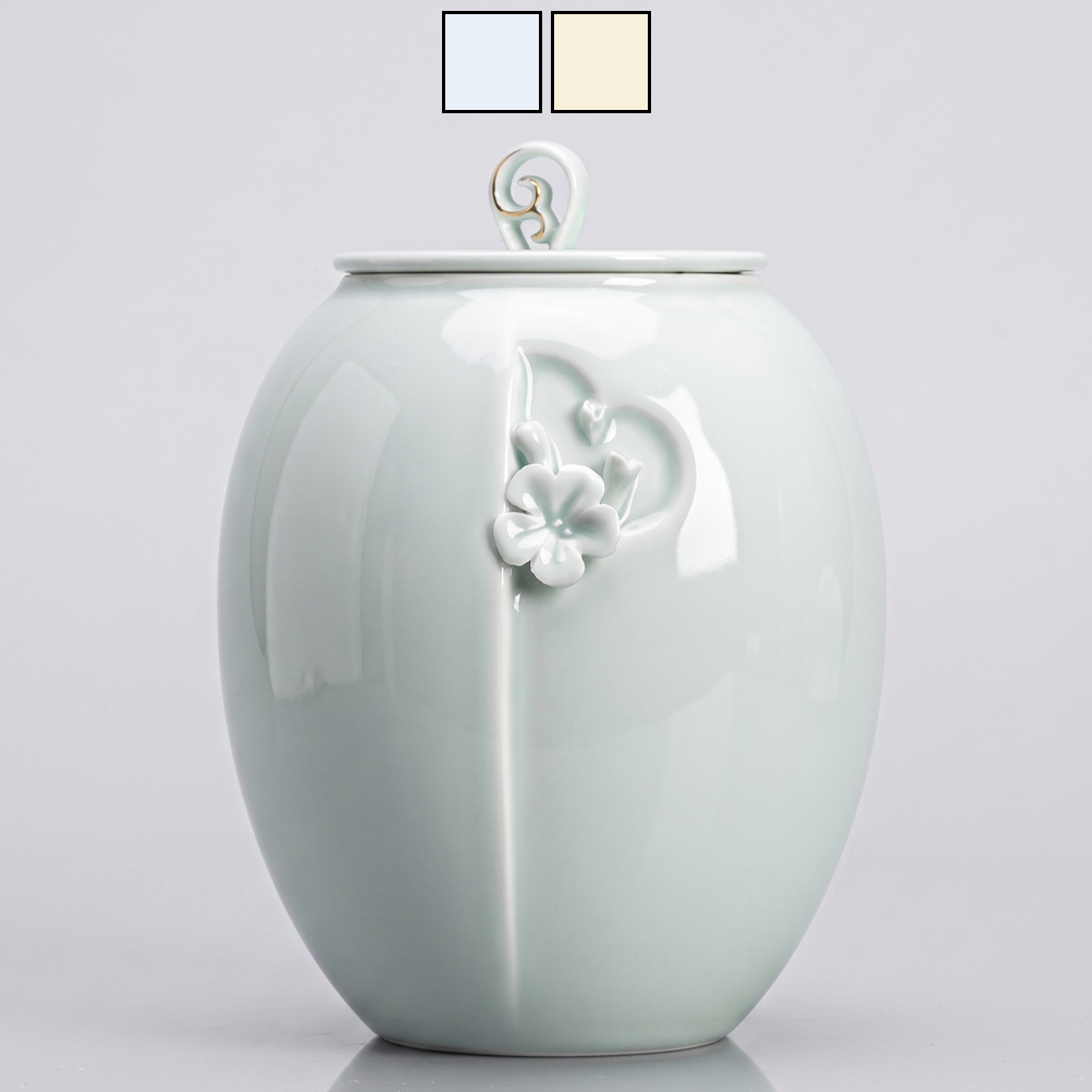 Beautiful cloud-blue ceramic porcelain animal pet urn with floral design