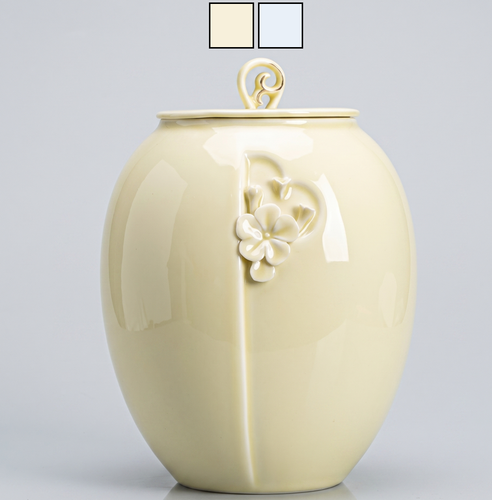 Beautiful extra-large cream-colored ceramic porcelain 3.3 liter animal pet urn with floral design