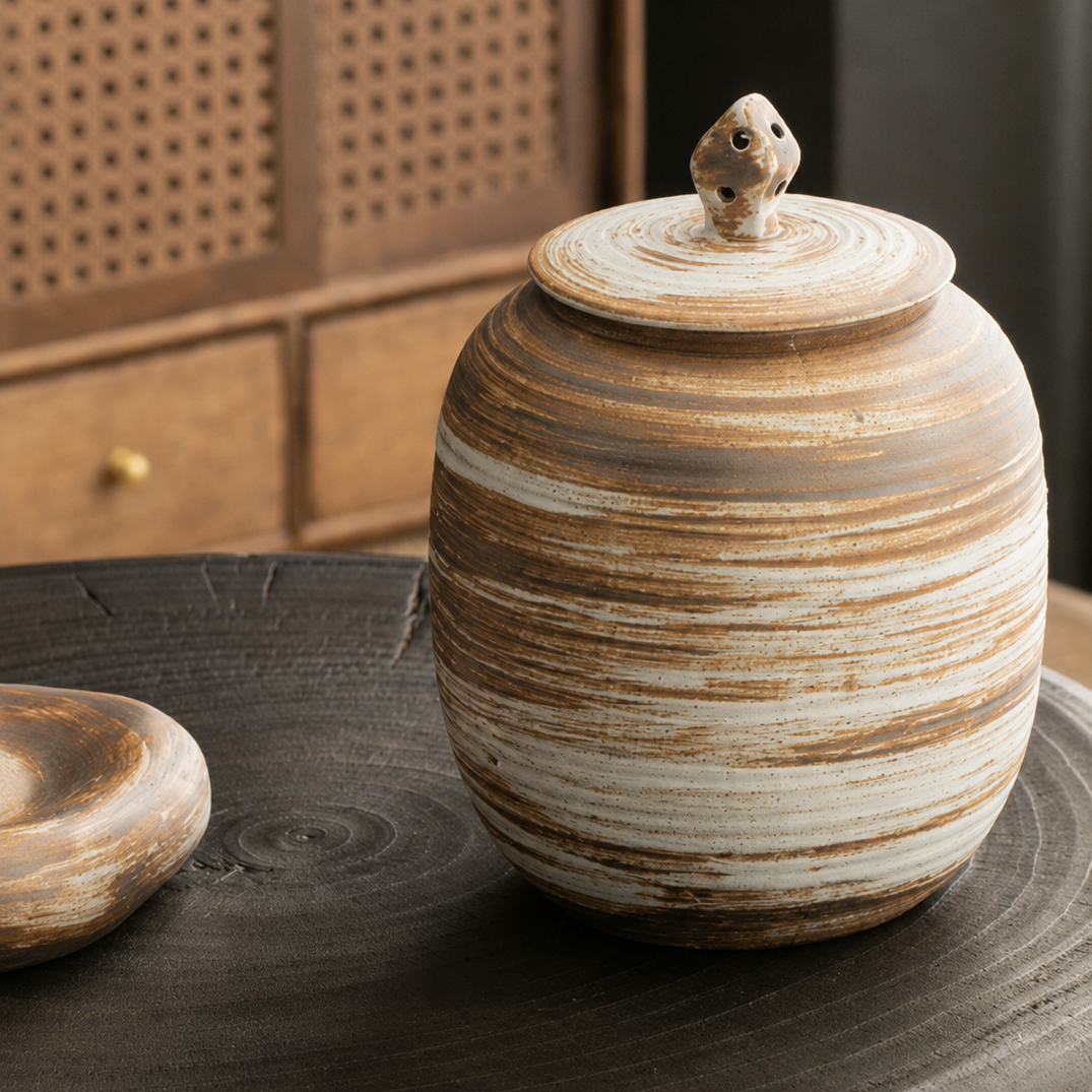 Large rustic earth-colored striped round stoneware pet urn