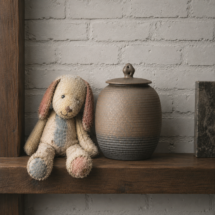 Bronze ceramic pet ash urn on shelve next to stuffed plush dog toy
