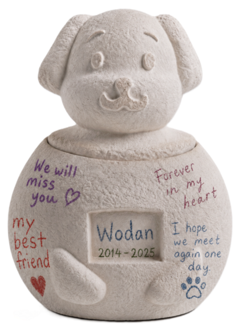 Mycelium material dog shape sculpted white urn with messages written in colors 