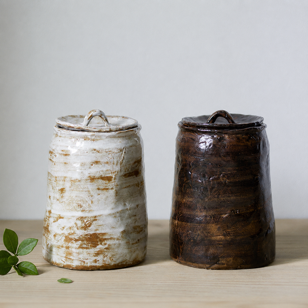 White and brown earth-colored artisanal stoneware pet urns with organic shape and texture
